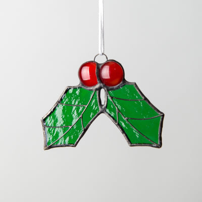 Stained glass holly leaves window hanging for Christmas window decor