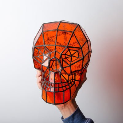 Orange stained glass Halloween 3D human skull decor