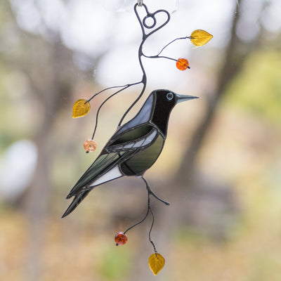 SIde-view stained glass Australian magpie suncatcher