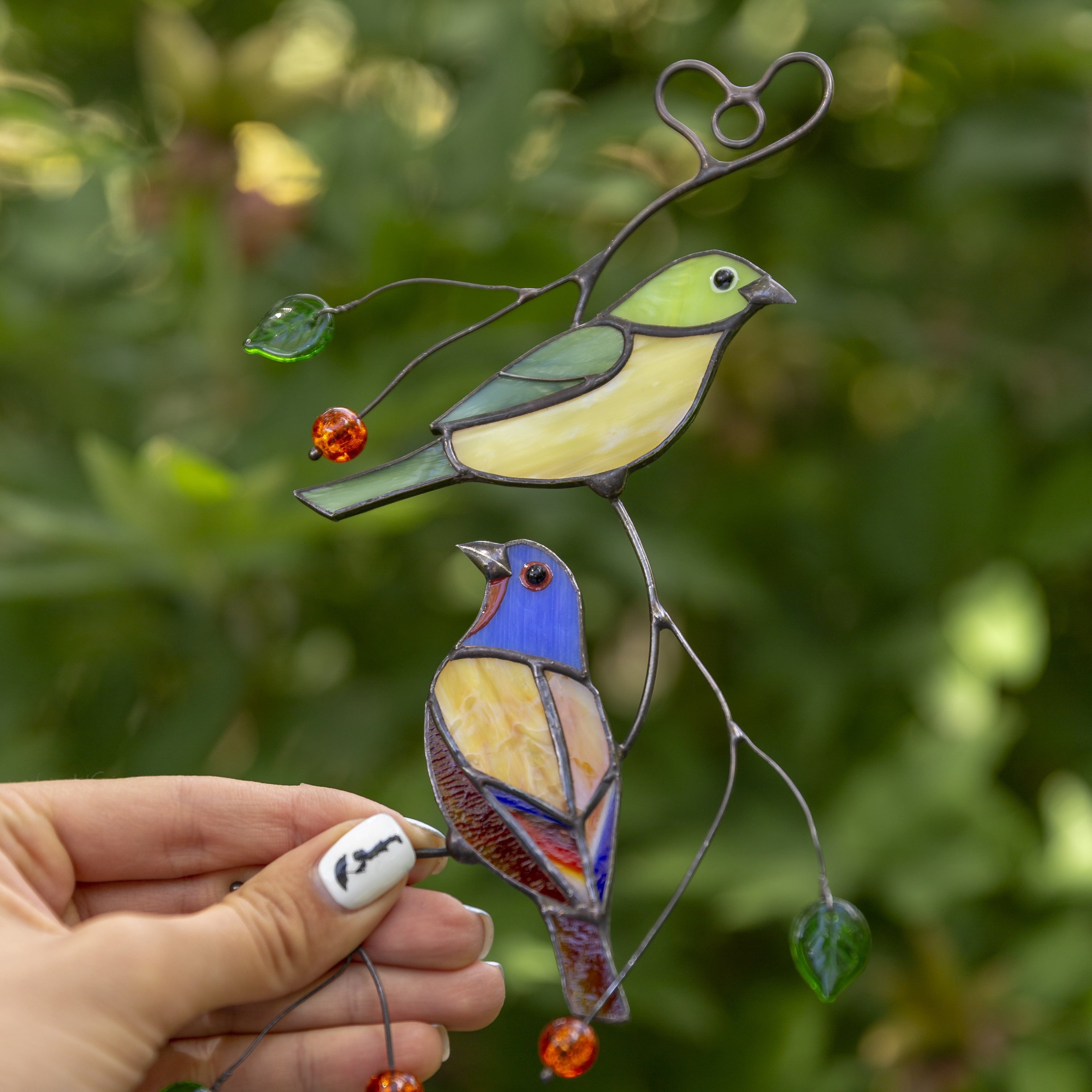 Stained glass bunting birds window hanging