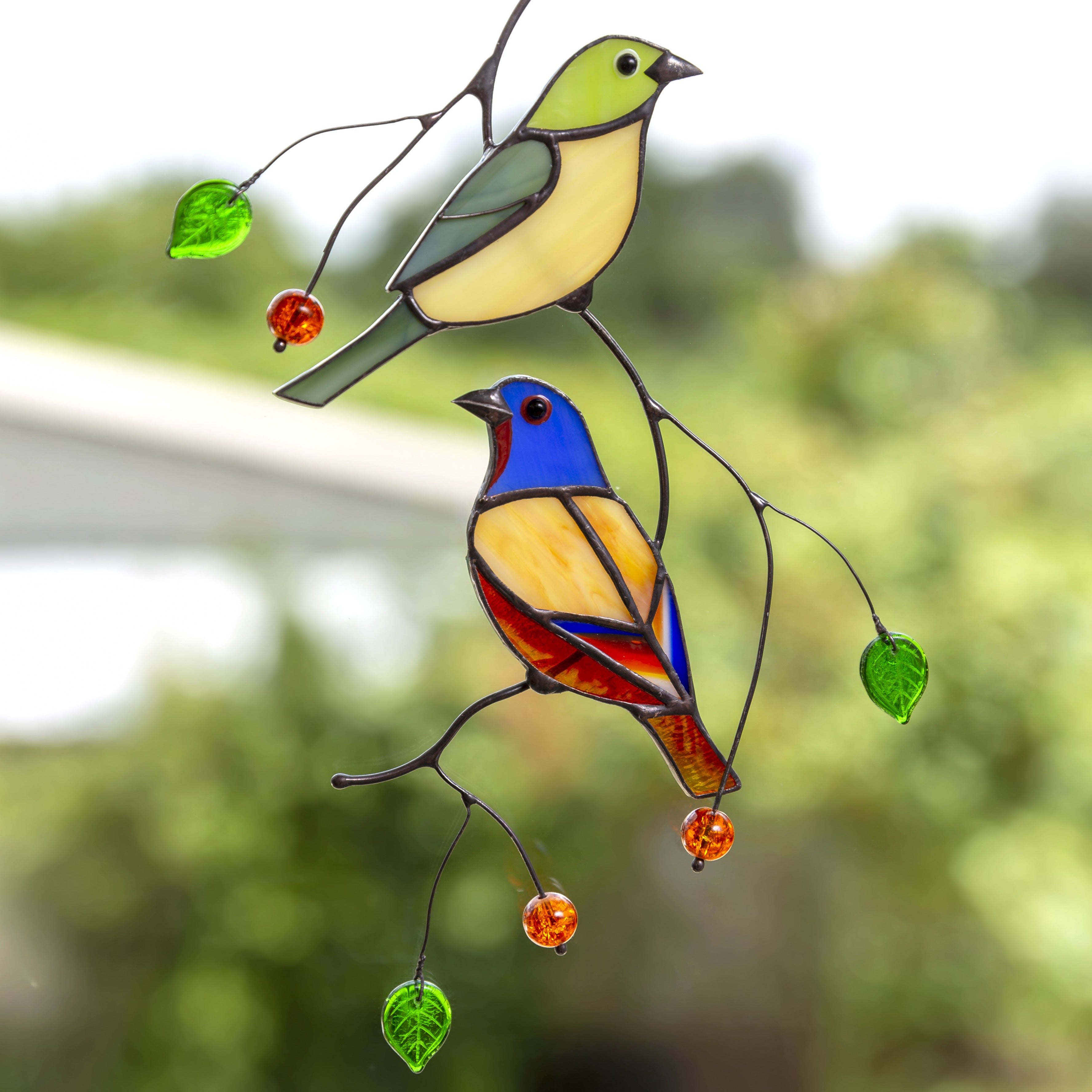 Stained glass pair of bunting birds suncatcher