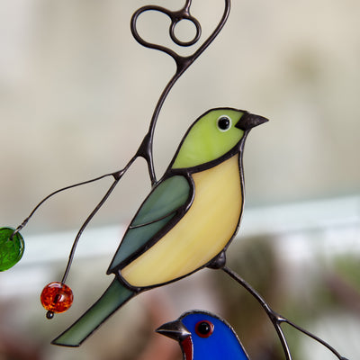 Zoomed stained glass upper bunting bird suncatcher