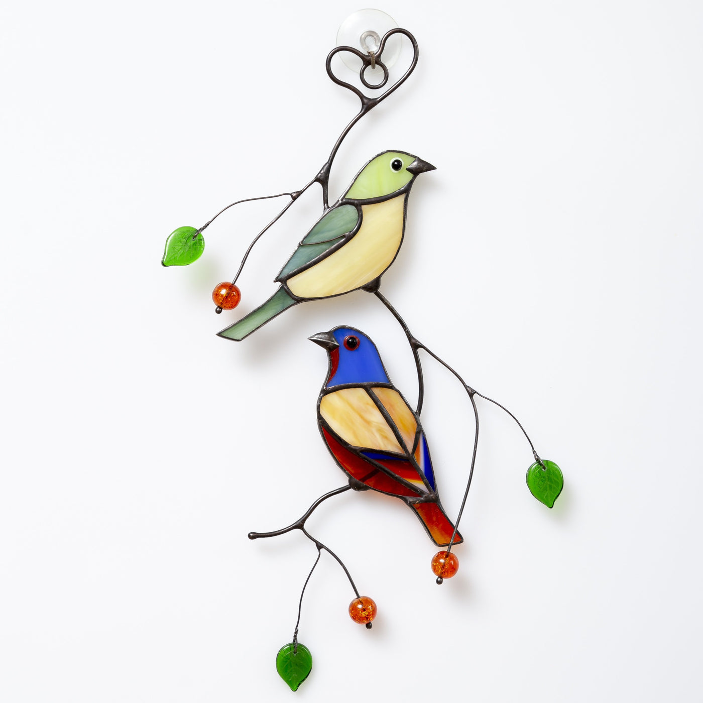 Stained glass bunting birds sitting on the branch with leaves and berries suncatcher