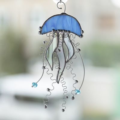 Stained glass blue with iridescent tentacles jellyfish window hanging