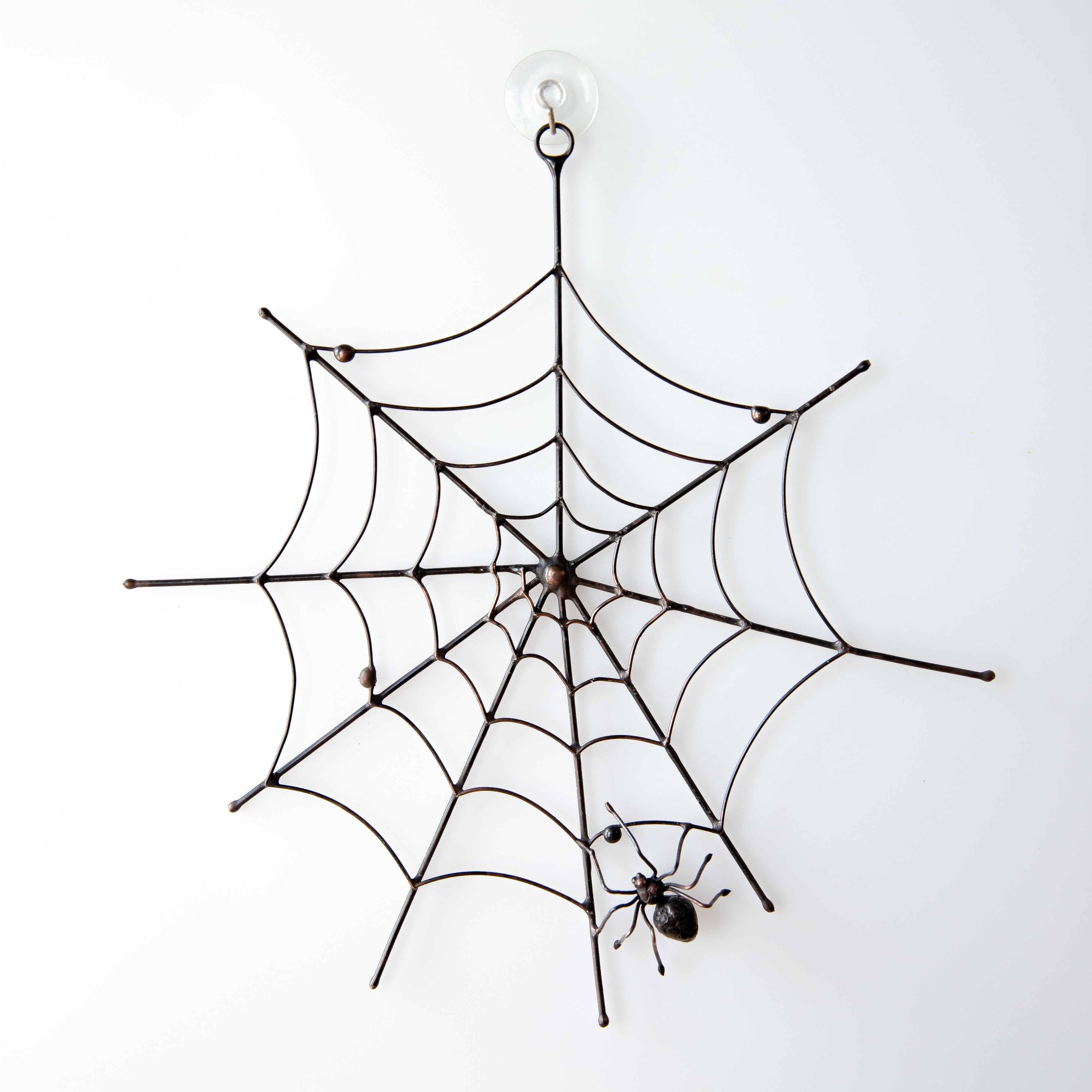 Copper wire Halloween round web with a spider in the lower part creepy decor