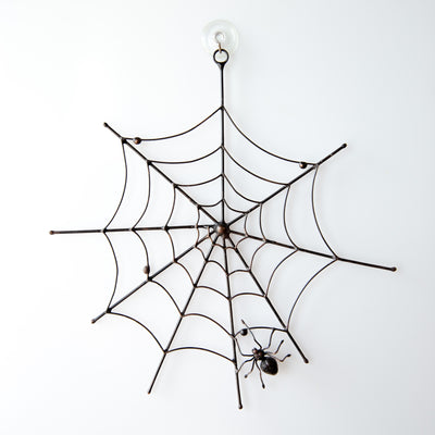 Copper wire Halloween round web with a spider in the lower part creepy decor