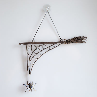 Copper wire Spider web with the broom Halloween decor