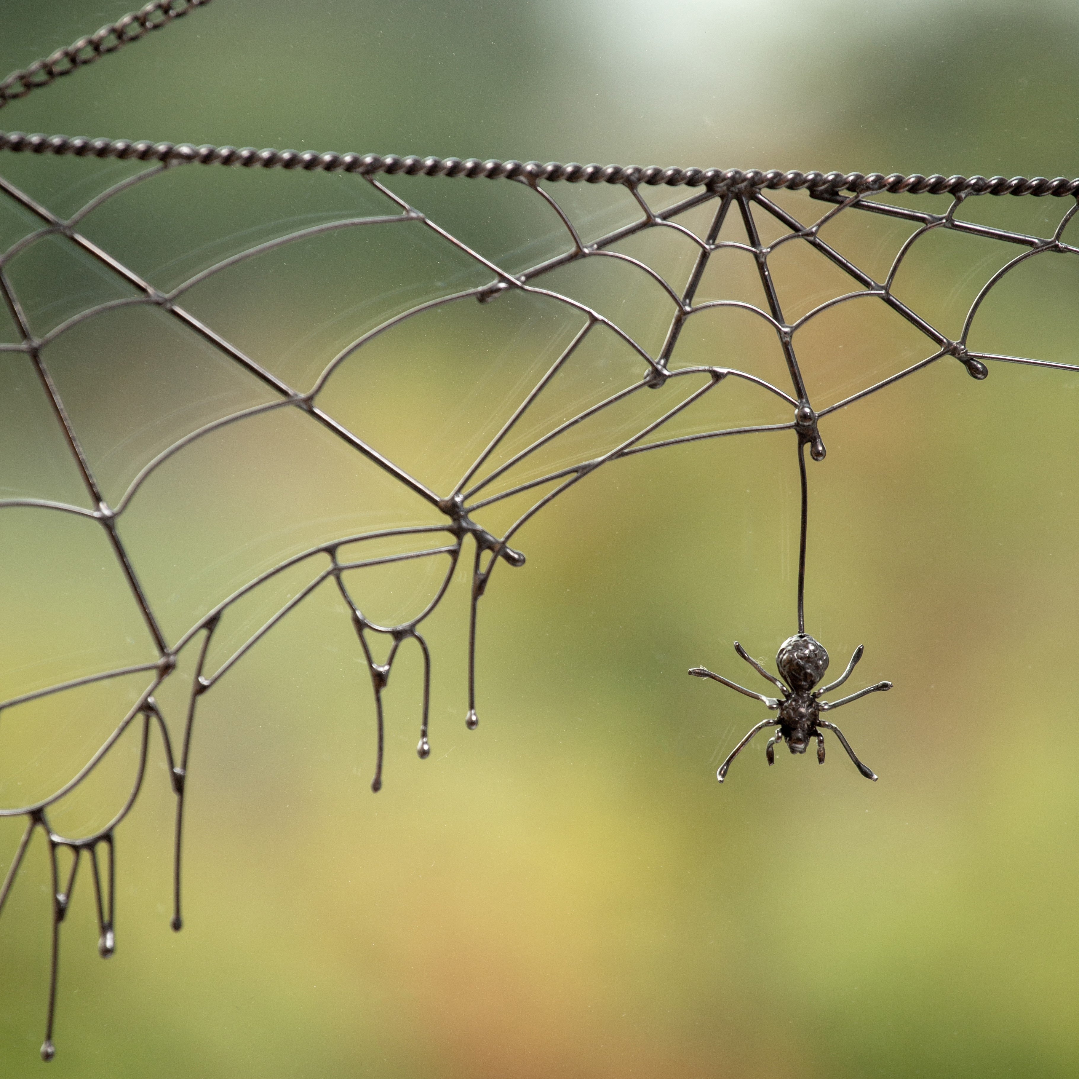 Zoomed rectangular copper wire spider web Halloween window hanging
