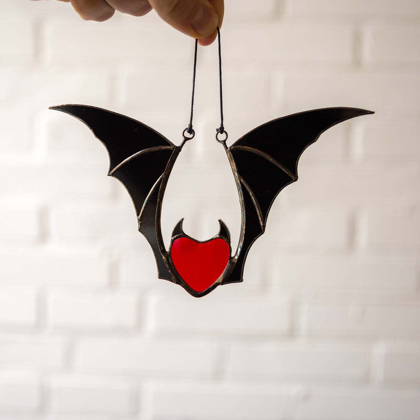 Vampire stained glass red heart wit black wings Halloween suncatcher