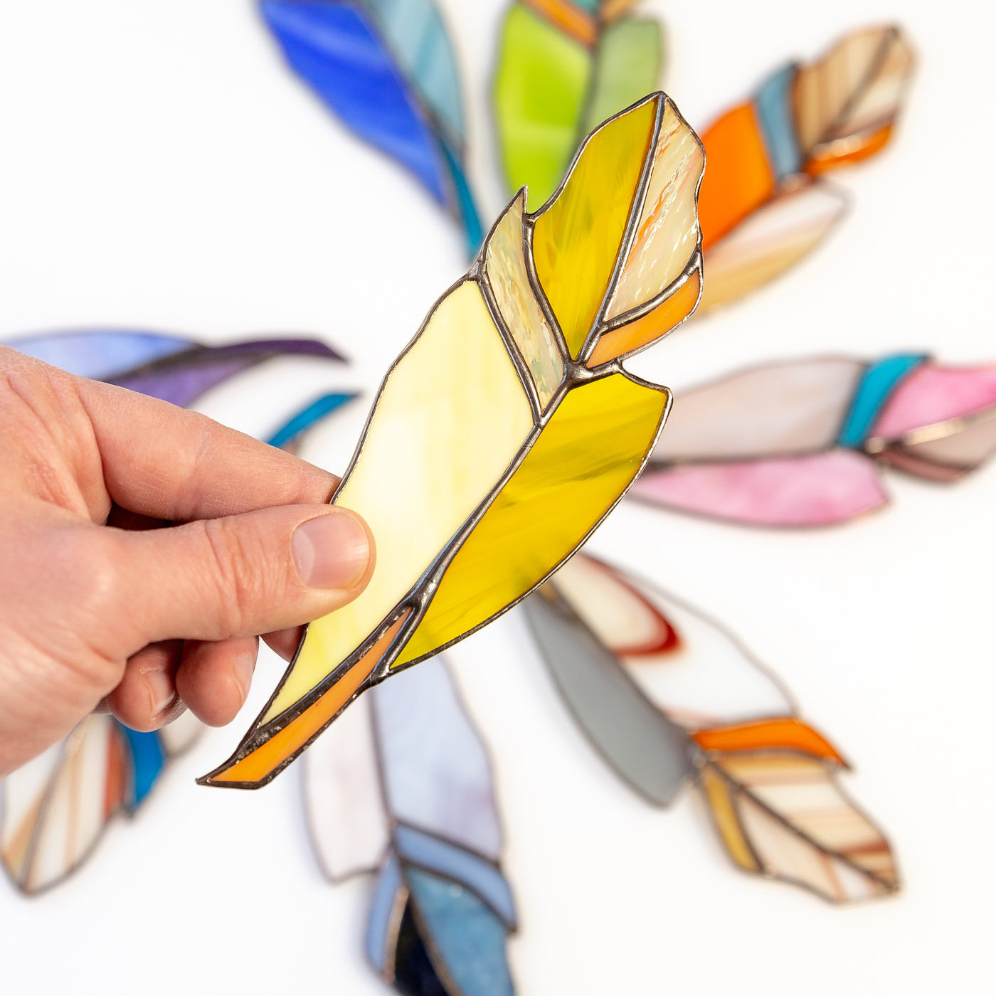 Stained glass goldfinch feather window hanging decor