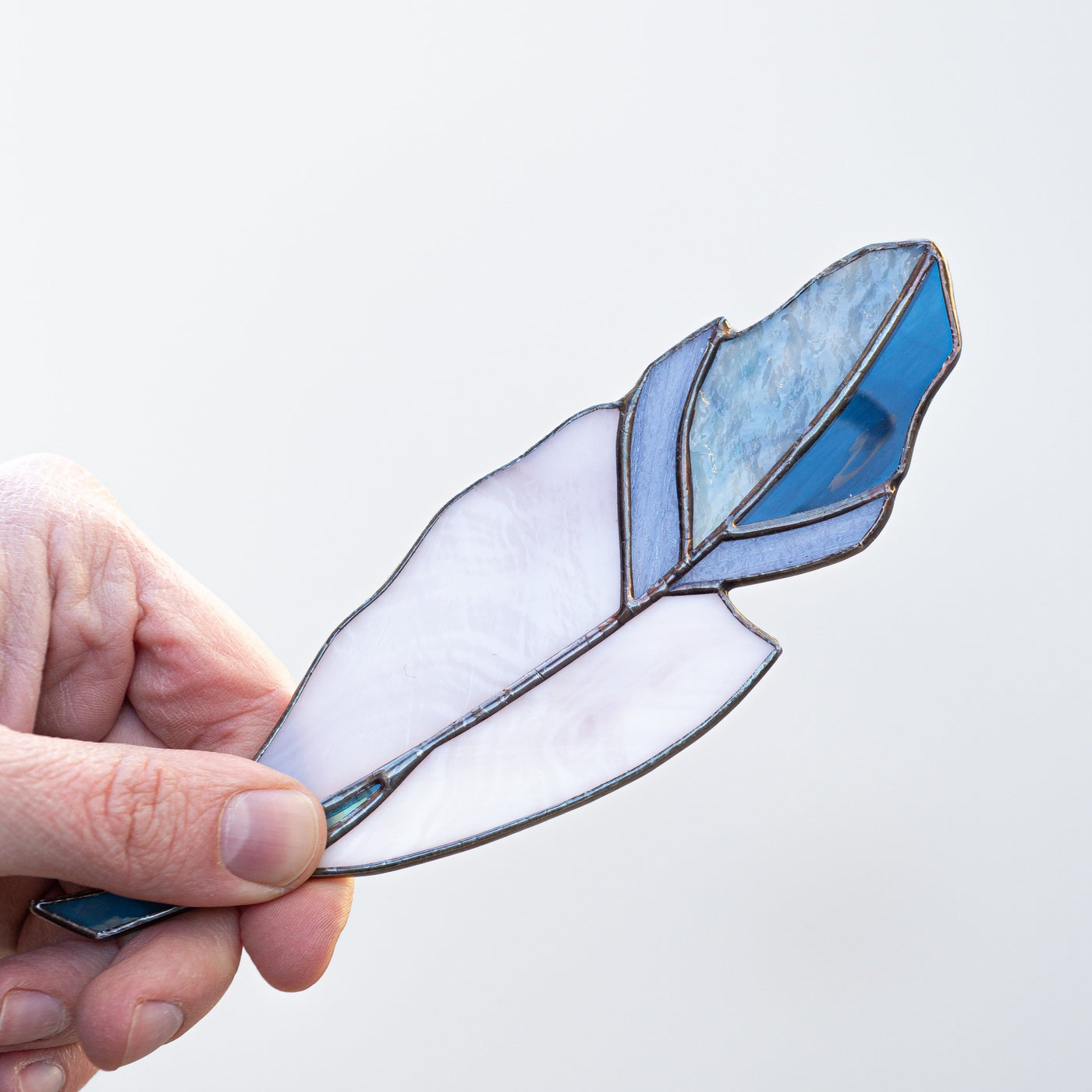 Stained glass blue feather suncatcher for window decoration