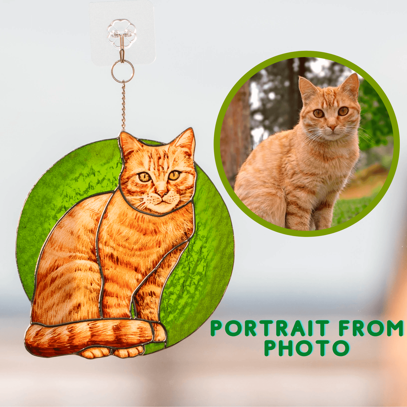 Hand-painted stained glass portrait of a cat in comparison with the real pet photo