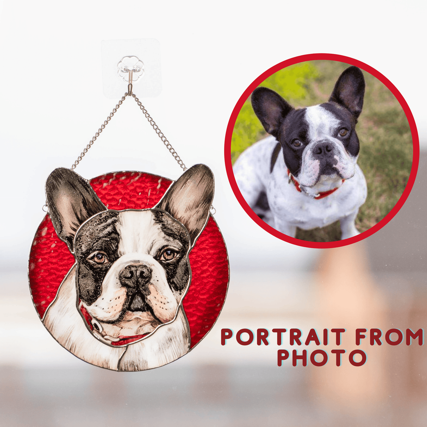 Stained glass hand-painted round pet portrait of a dog in comparison with the real photo