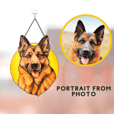 Hand-painted stained glass dog portrait in comparison with the real pet photo