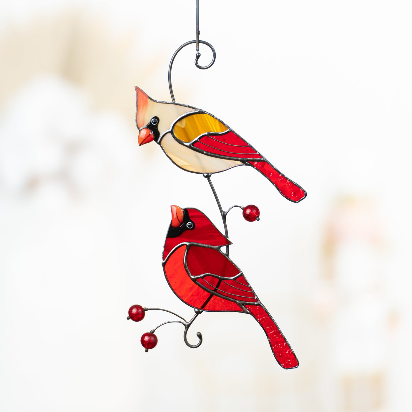 Stained glass suncatcher cardinals looking at each other on the branch with beads 