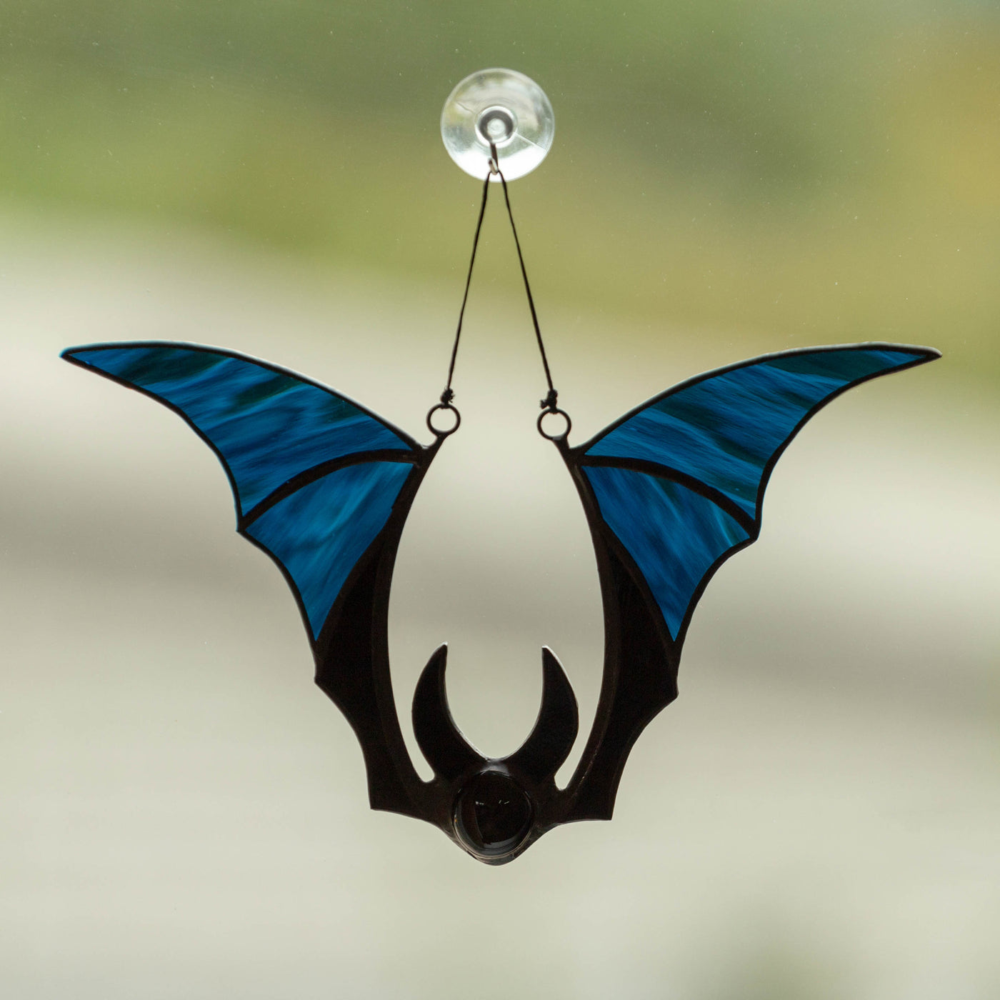 Halloween stained glass blue-winged bat horror decor