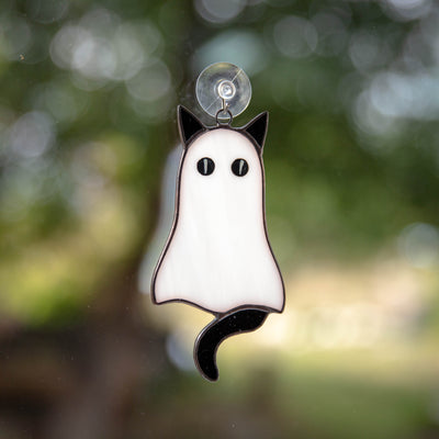 Stained glass cat ghost with black tail Halloween window hanging
