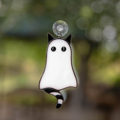 Halloween stained glass cat ghost suncatcher with black-and-white tail