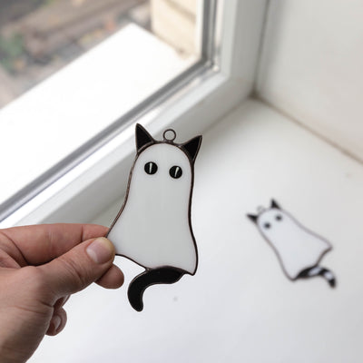 Stained glass Halloween cat ghost window hanging