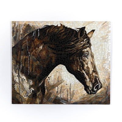 Stained glass mosaic depicting brown horse in the rain for home decor