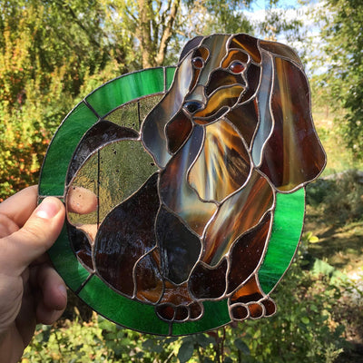 Stained glass portrait of a Dachshund window hanging made from photo