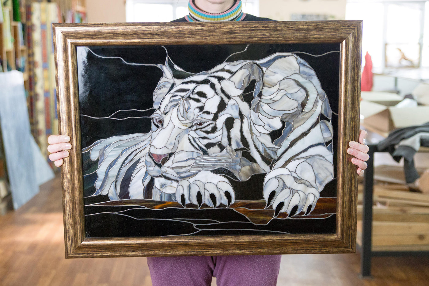 White tiger wall art Custom stained glass panel gift for tiger lover