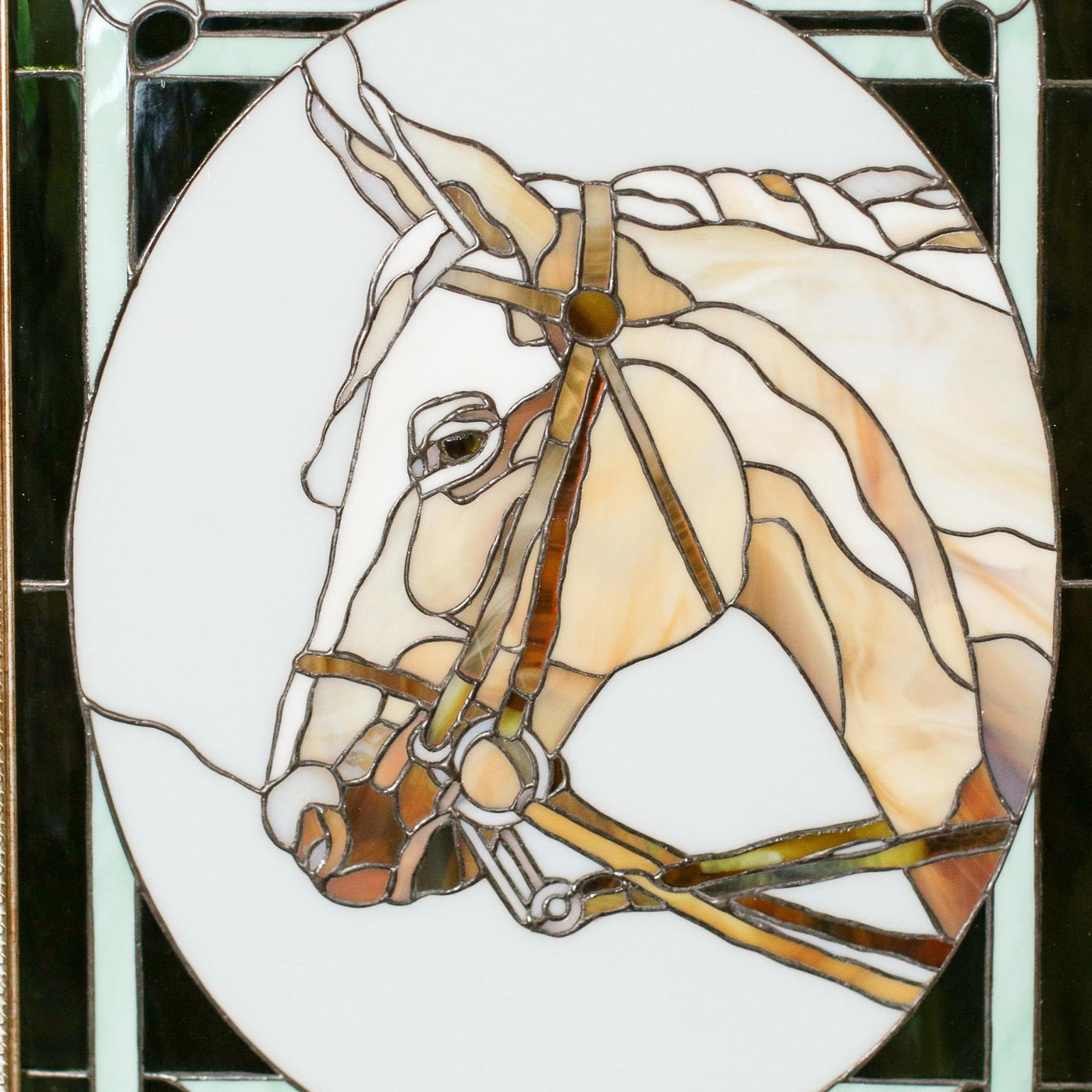 Zoomed stained glass horse portrait framed panel