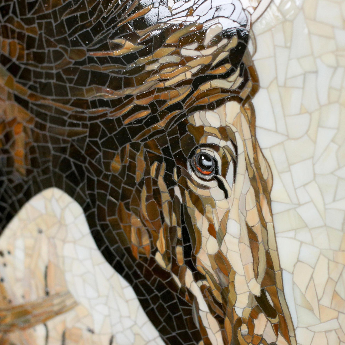 Zoomed stained glass horse under the rain mosaic