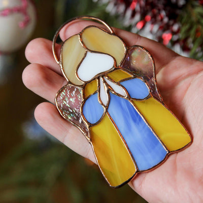 Stained glass yellow-blue angel window hanging