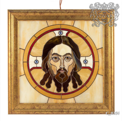 Stained glass Jesus Christ portrait in an oval with beige background framed panel