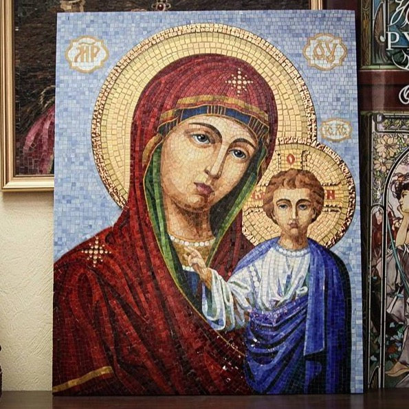 Stained glass mosaic icon depicting Virgin Mary with small Jesus Christ