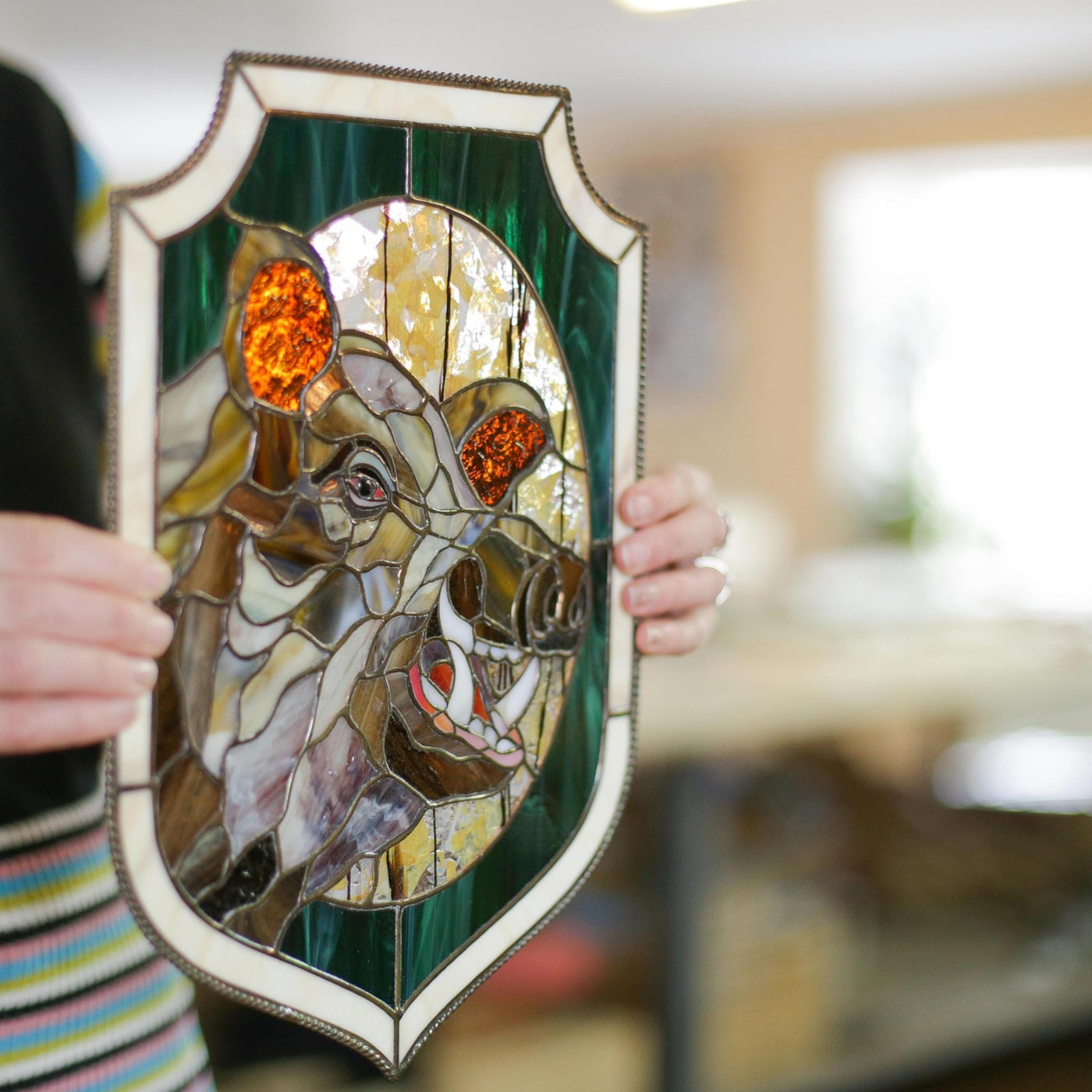 Boar with its razors stained glass panel for window decoration 