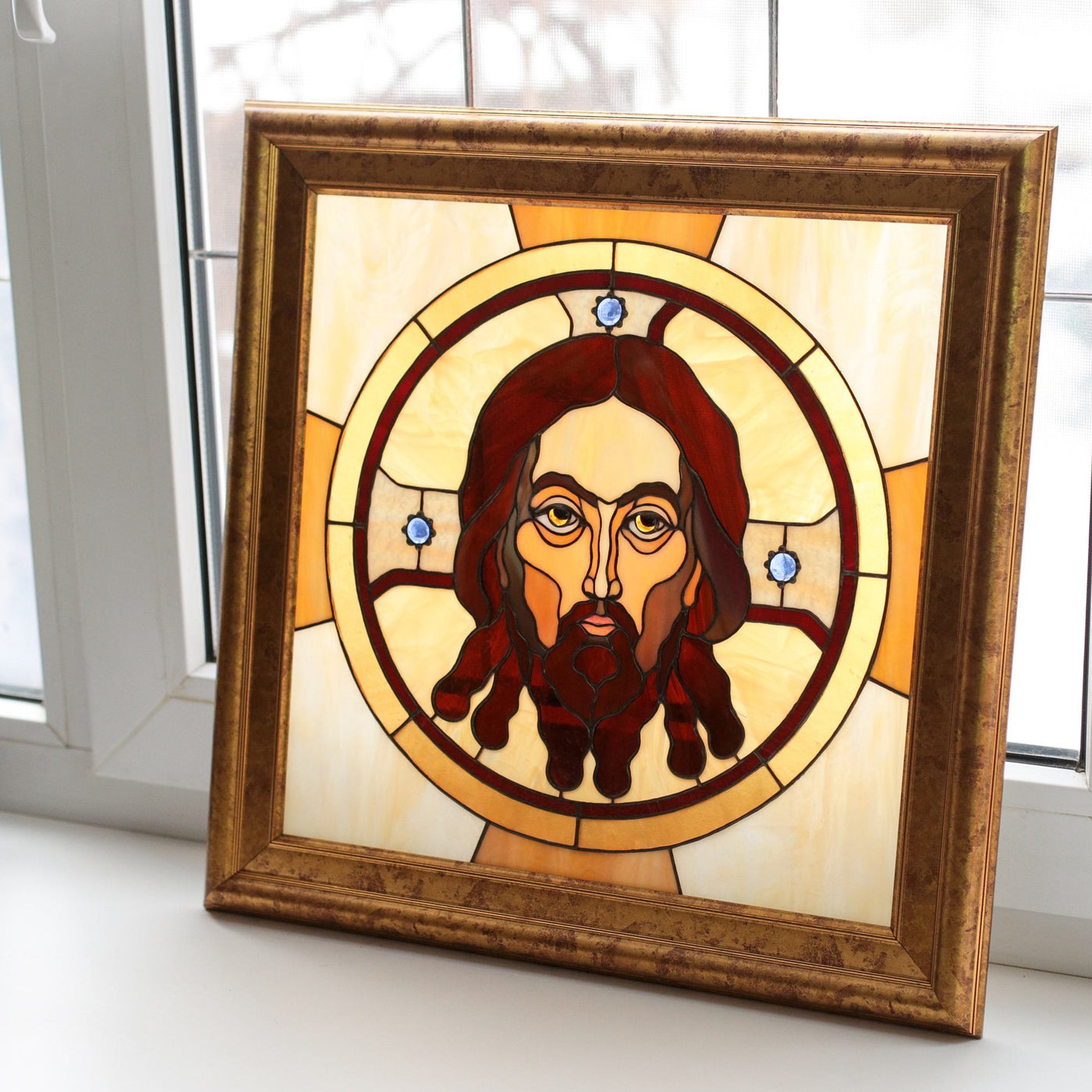 Stained glass panel depicting Jesus Christ panel with inserted gems