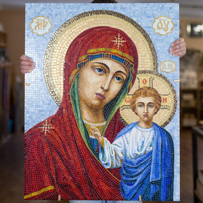 Stained glass Virgin Mary with small Jesus Christ mosaic icon 