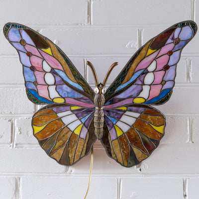 Stained glass purple butterfly wall lamp with brown and pink shades