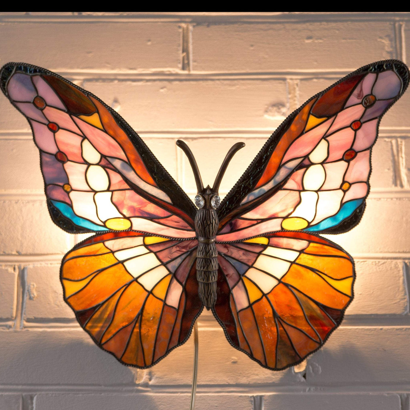 Lit stained glass colourful butterfly wall sconce