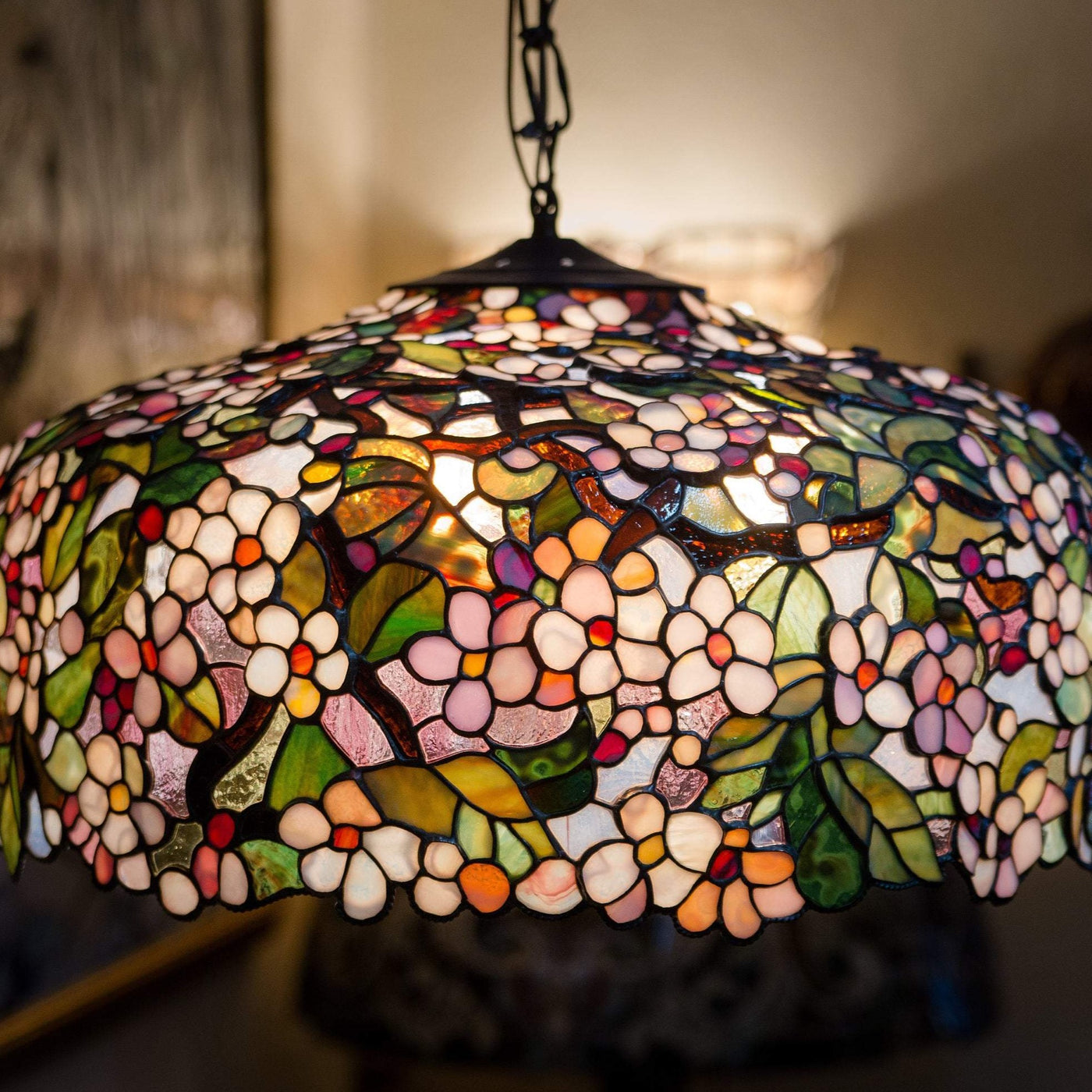 Lit stained glass cherry blossom chandelier