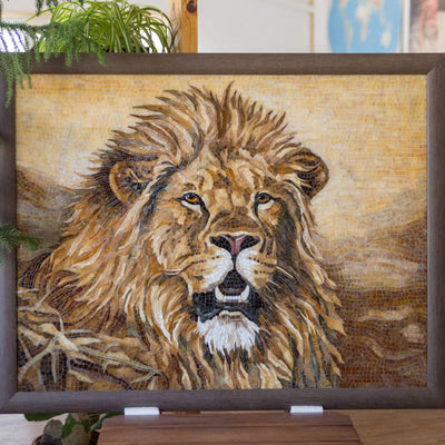 Framed stained glass mosaic of a lion