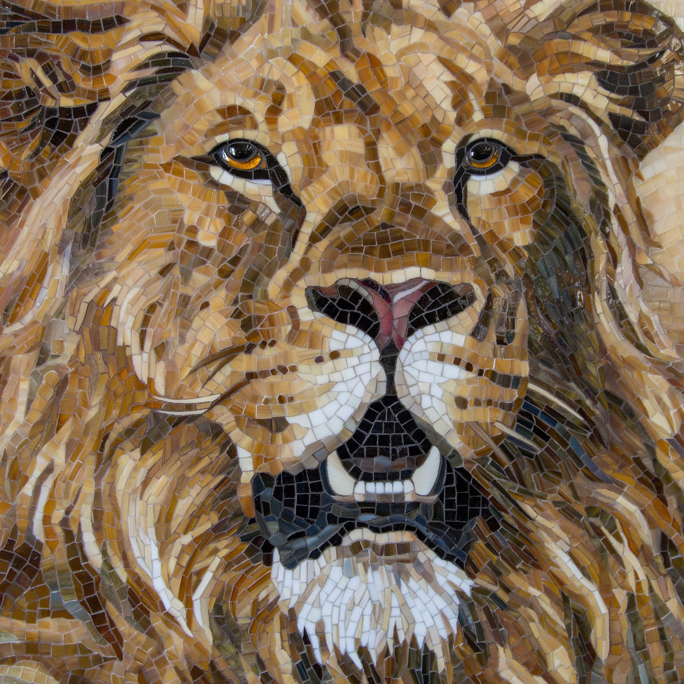 Zoomed stained glass mosaic of lion portrait