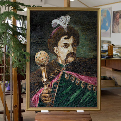Stained glass mosaic portrait depicting Bohdan Khmelnytsky holding mace in his hands