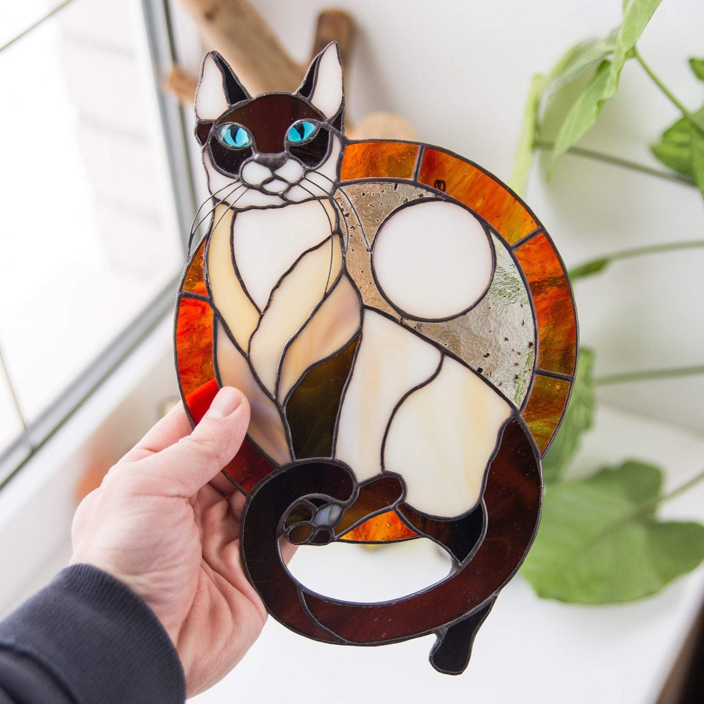 Round stained glass Siamese cat portrait window hanging made from photo