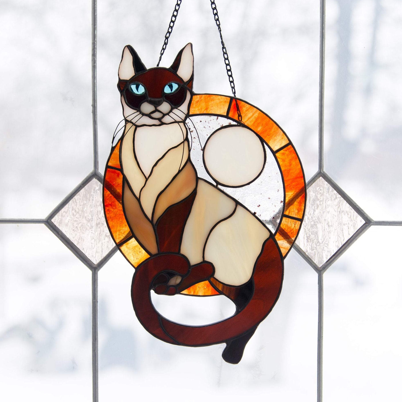 Stained glass Siamese cat with blue eyes round panel made from photo