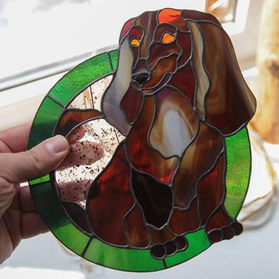 Dachshund panel of stained glass made from photo
