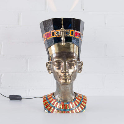 Bronze Nefertiti lamp with stained glass necklace and hat