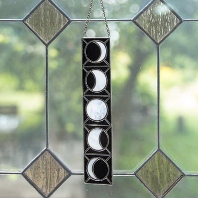 Vertical stained glass moon phases panel for window decoration
