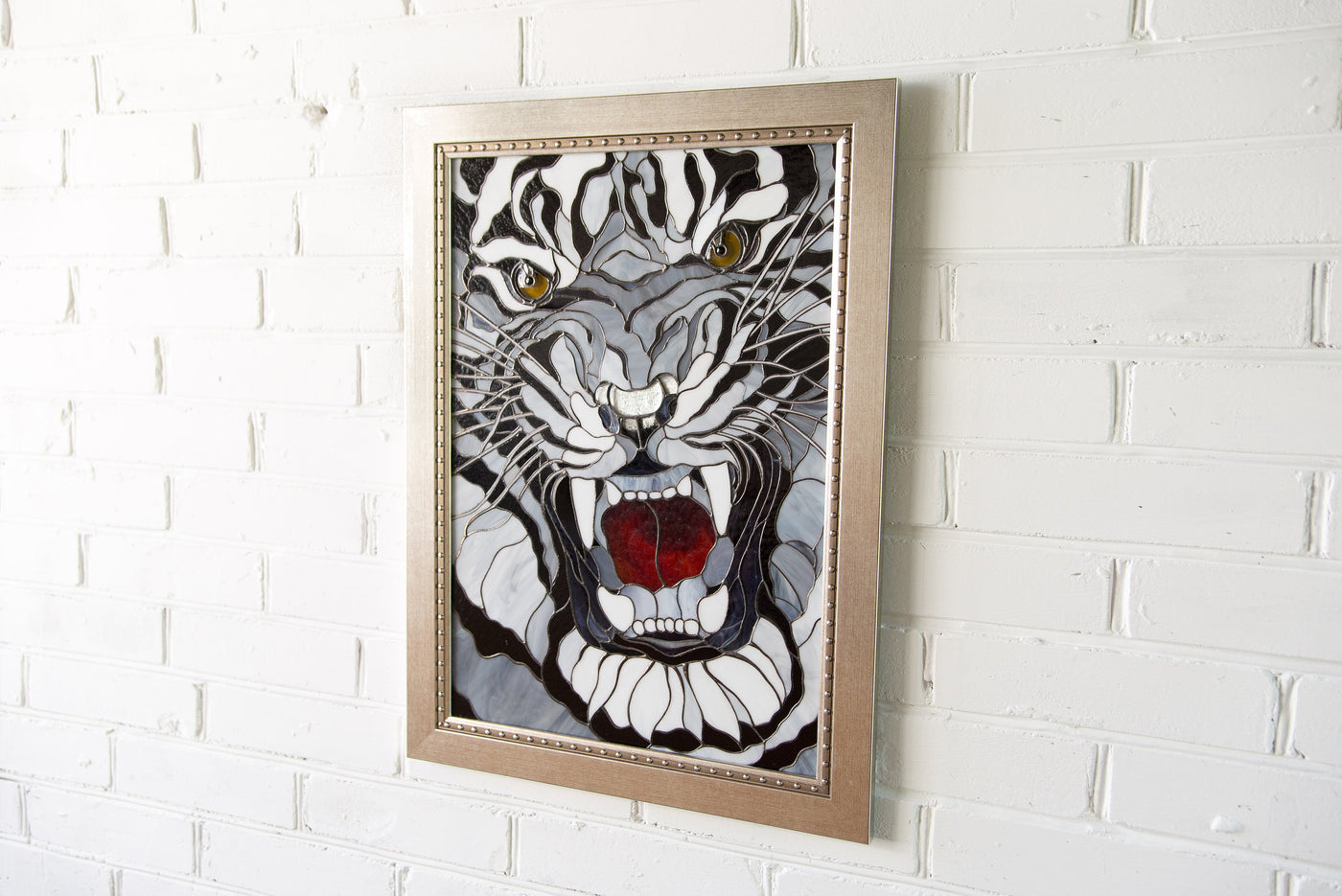 Modern stained glass white tiger wall art / Custom stained glass animal artwork