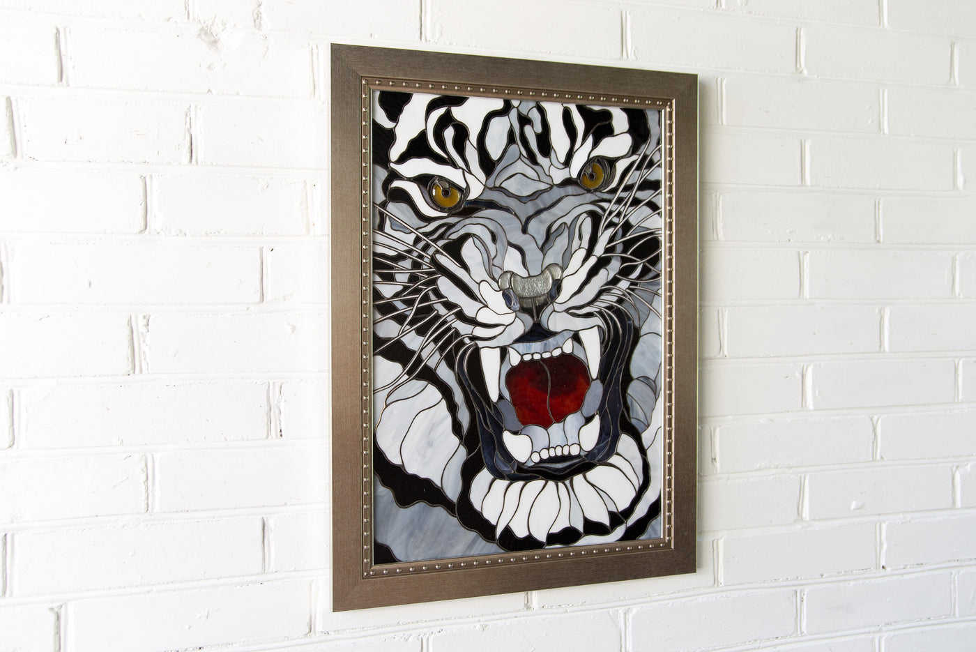 Modern stained glass white tiger wall art / Custom stained glass animal artwork