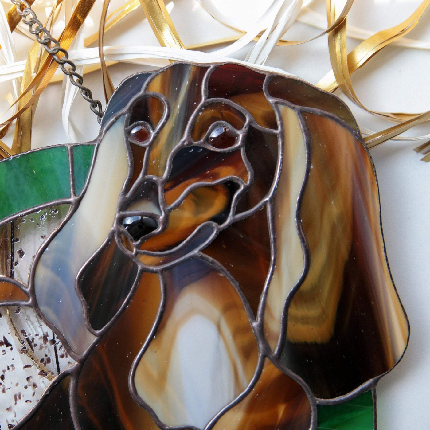 Zoomed stained glass Dachshund portrait panel