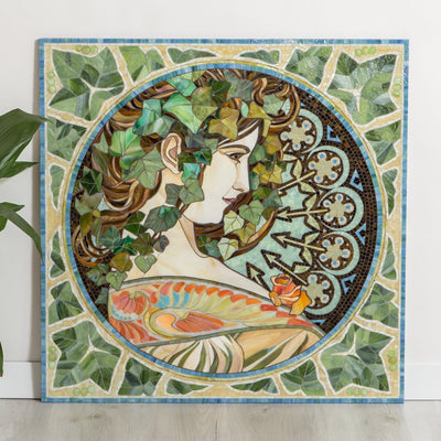 Beautiful woman in ivy leaves mosaic of stained glass by Alphonse Mucha for home decor