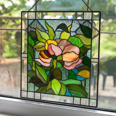 Stained glass peony flower window hanging